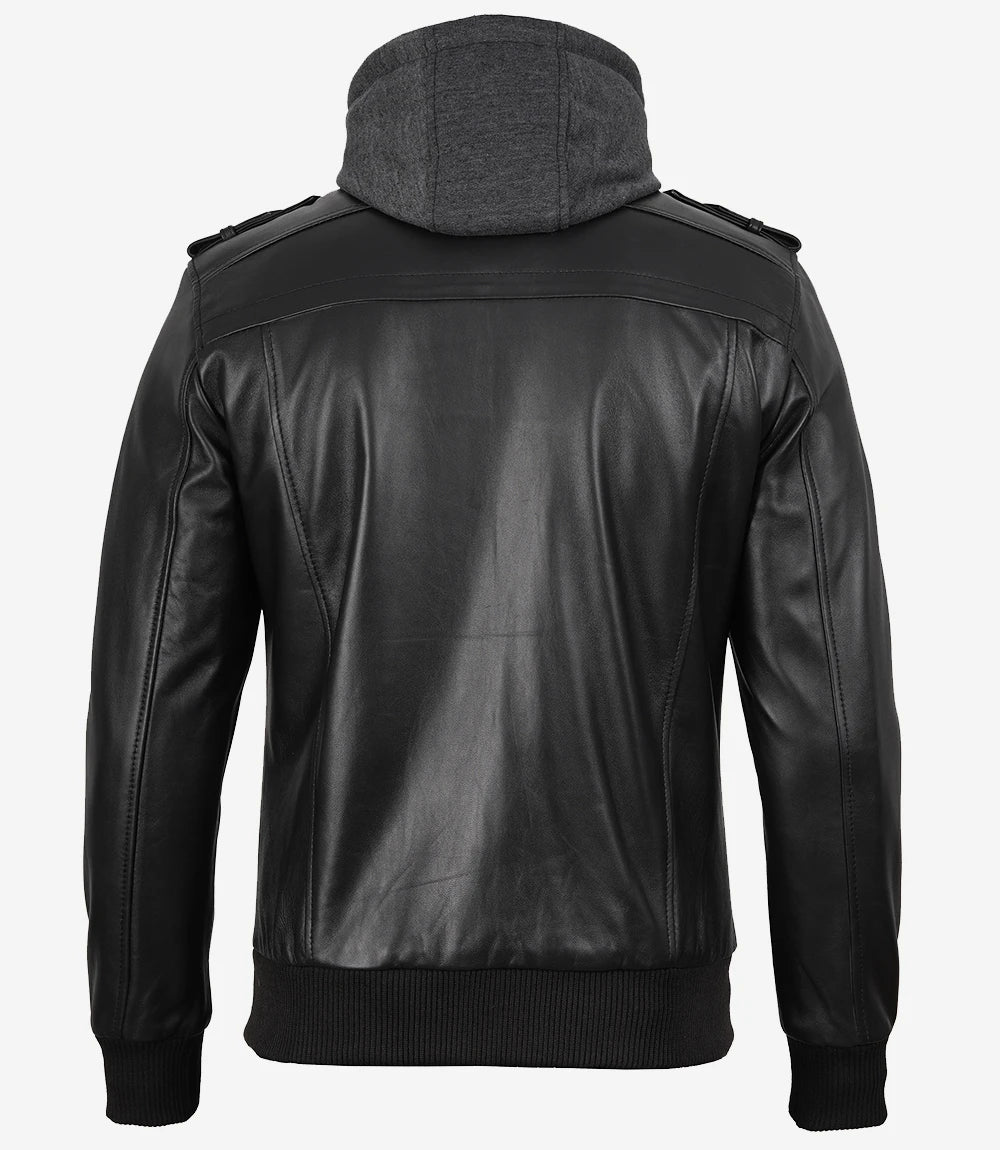 Veste en cuir noir pour homme avec capuche amovible grise