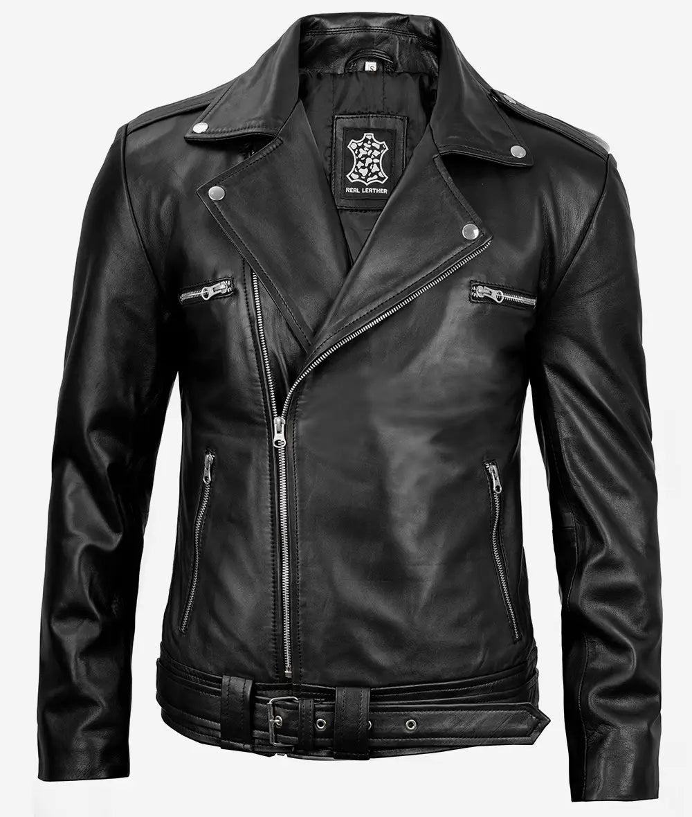 Black Asymmetrical Belted Moto Leather Jacket