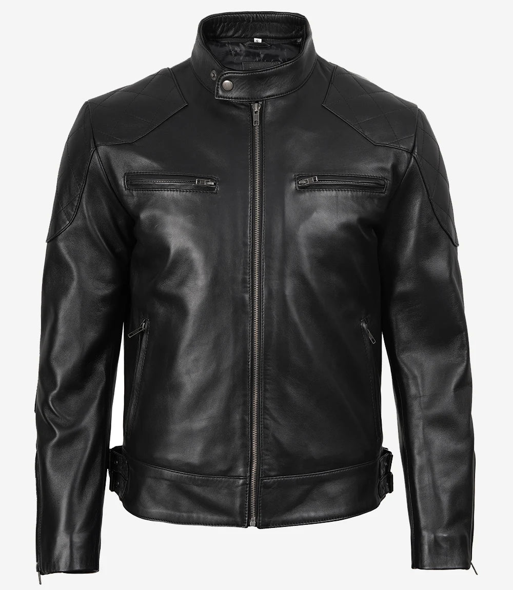 Veste de motard noire en cuir véritable pour homme