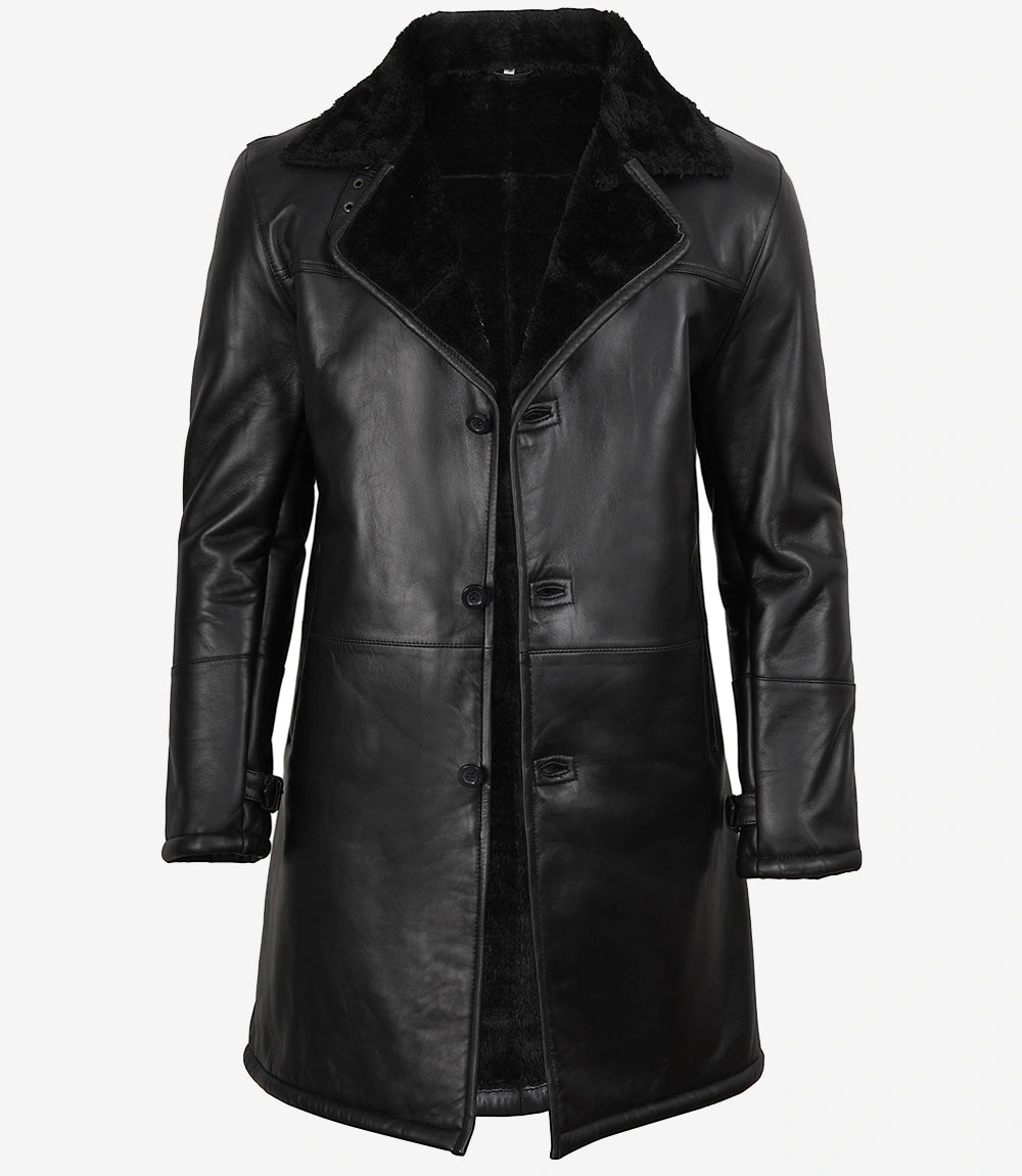 Manteau 3/4 en cuir et peau lainée noire pour homme