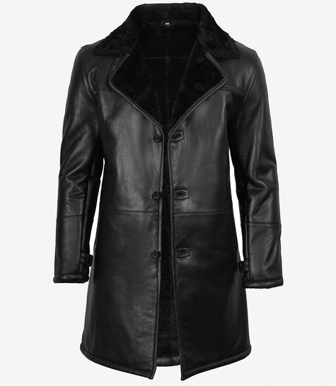 Manteau 3/4 en cuir et peau lainée noire pour homme