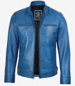Veste motard bleu vieilli en cuir véritable pour homme