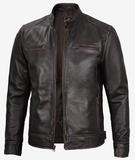 Mens Distressed Brown Moto Racer Jacket