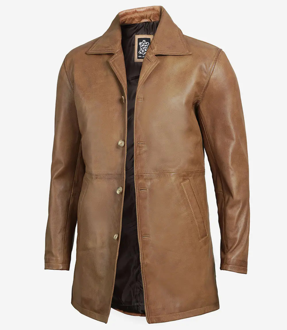 Mens Tall Camel Brown 3 4 Length Leather Coat