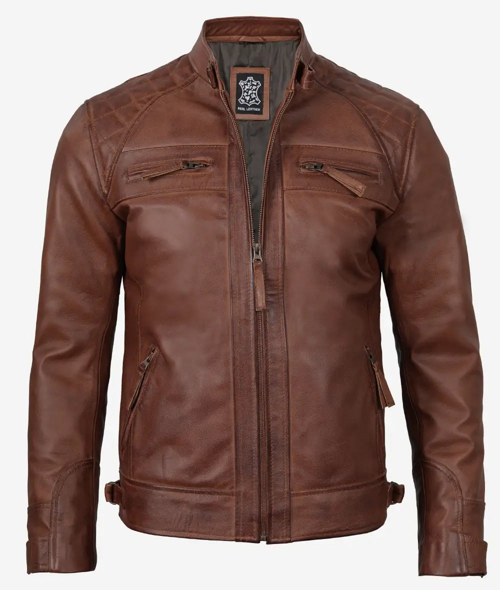 Veste en cuir matelassée style motard marron cognac pour homme