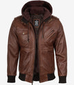 Blouson aviateur en cuir cognac pour homme avec capuche amovible
