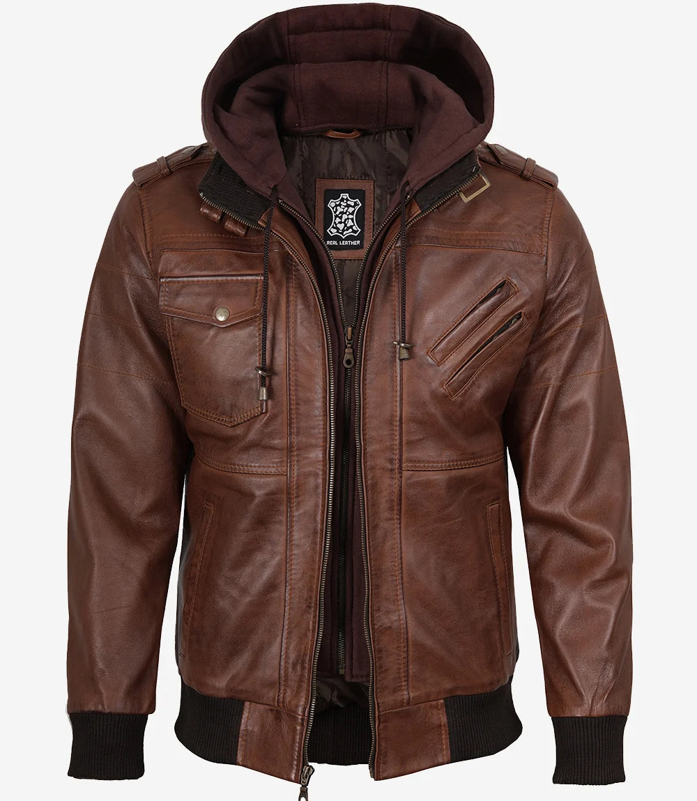 Blouson aviateur en cuir cognac pour homme avec capuche amovible