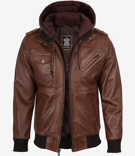 Blouson aviateur en cuir cognac pour homme avec capuche amovible