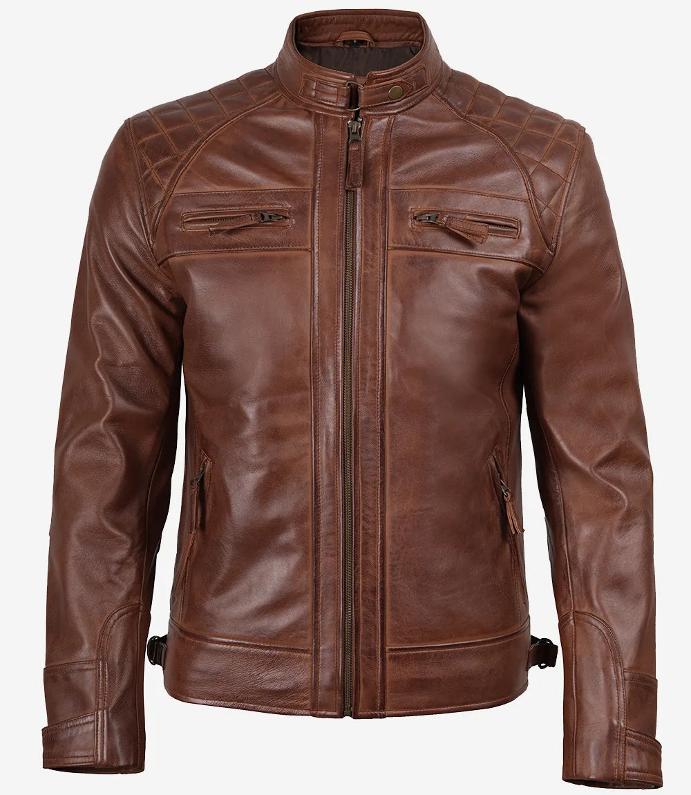 Veste en cuir matelassée style motard marron cognac pour homme