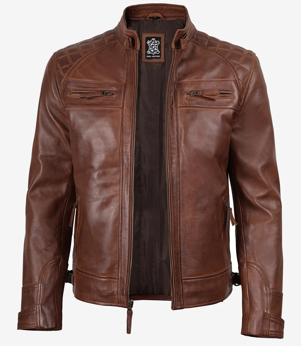 Veste en cuir matelassée style motard marron cognac pour homme