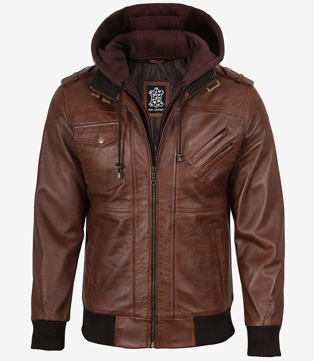 Blouson aviateur en cuir cognac pour homme avec capuche amovible