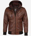 Blouson aviateur en cuir cognac pour homme avec capuche amovible