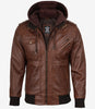 Blouson aviateur en cuir cognac pour homme avec capuche amovible