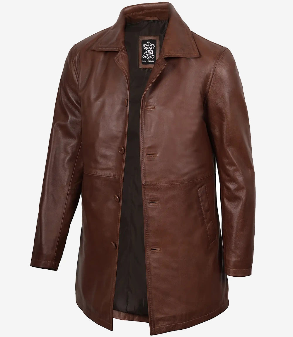 Manteau boutonné en cuir véritable pour homme, couleur cognac