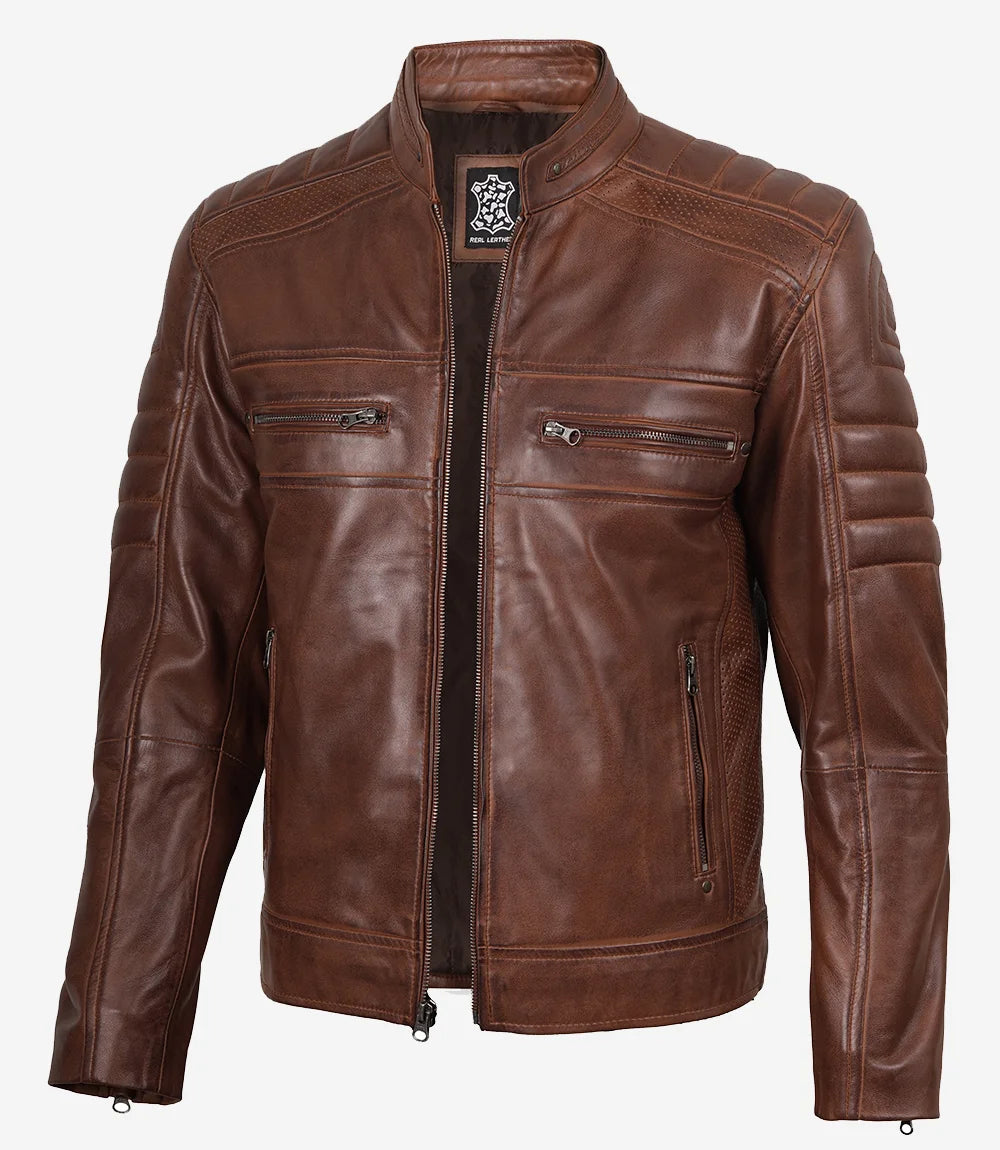Austin Chocolate Brown Waxed Mens Perforated Leather Jacket