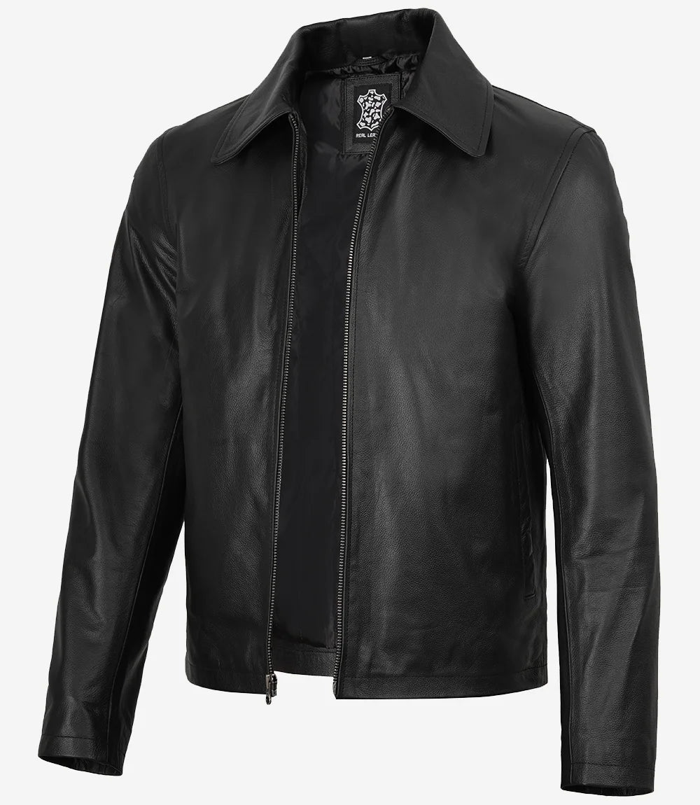 Mens Black Shirt Collar Leather Cowhide Jacket