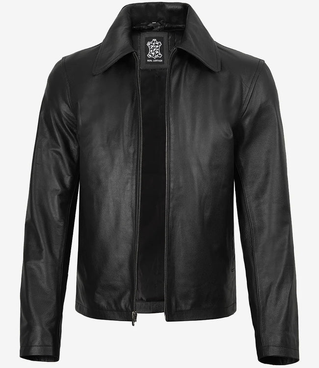 Mens Black Shirt Collar Leather Cowhide Jacket