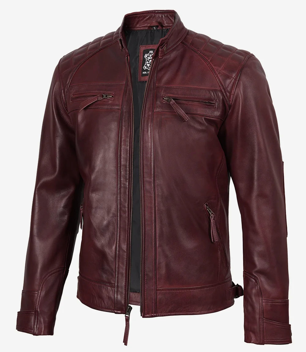 Veste motard bordeaux en cuir véritable pour homme - Épaules matelassées