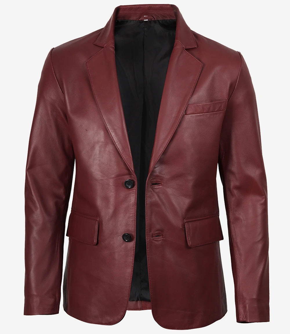 Blazer en cuir marron à revers crantés pour homme – Deux boutons