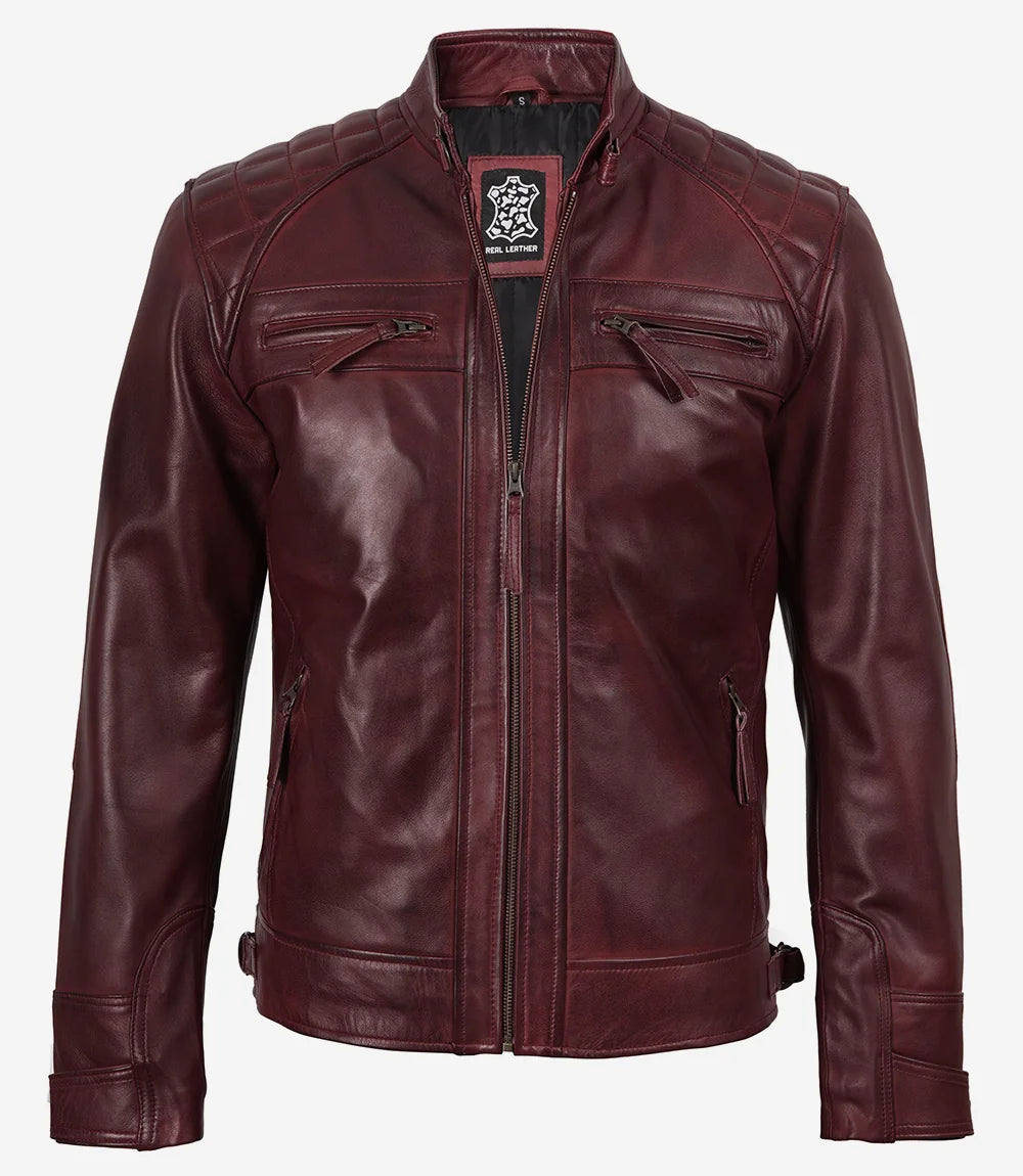 Veste motard bordeaux en cuir véritable pour homme - Épaules matelassées
