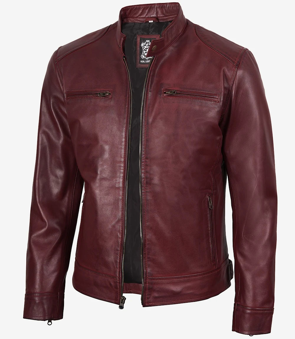 Veste en cuir style motard bordeaux pour homme
