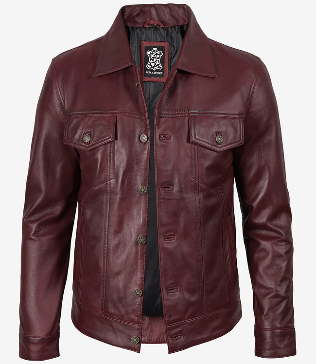 Veste de camionneur bordeaux en cuir d'agneau véritable pour homme