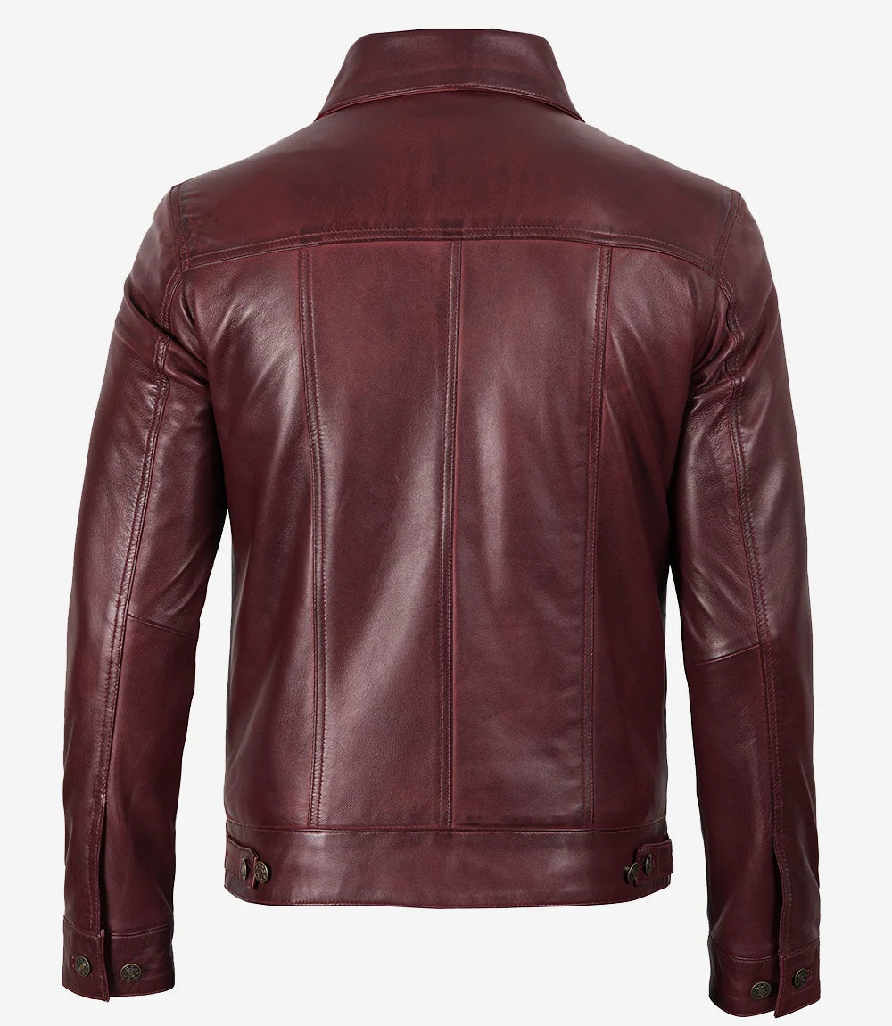 Veste de camionneur bordeaux en cuir d'agneau véritable pour homme