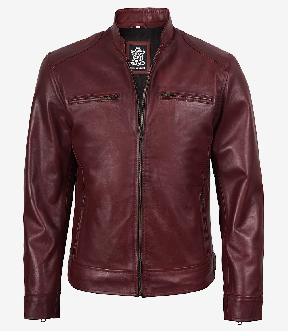 Veste en cuir style motard bordeaux pour homme