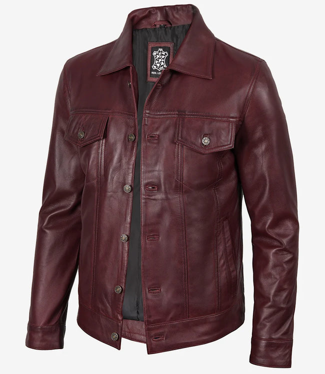 Veste de camionneur bordeaux en cuir d'agneau véritable pour homme