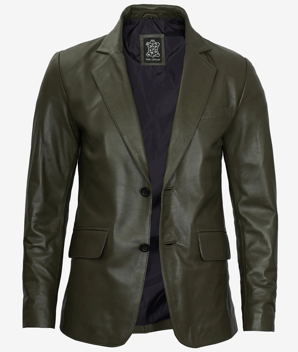 Mens Two Button Green Leather Blazer