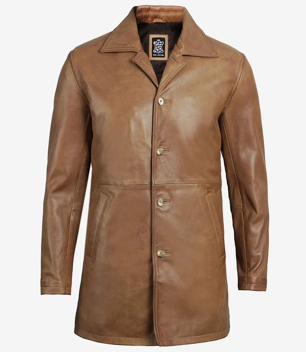 Mens Tall Camel Brown 3 4 Length Leather Coat