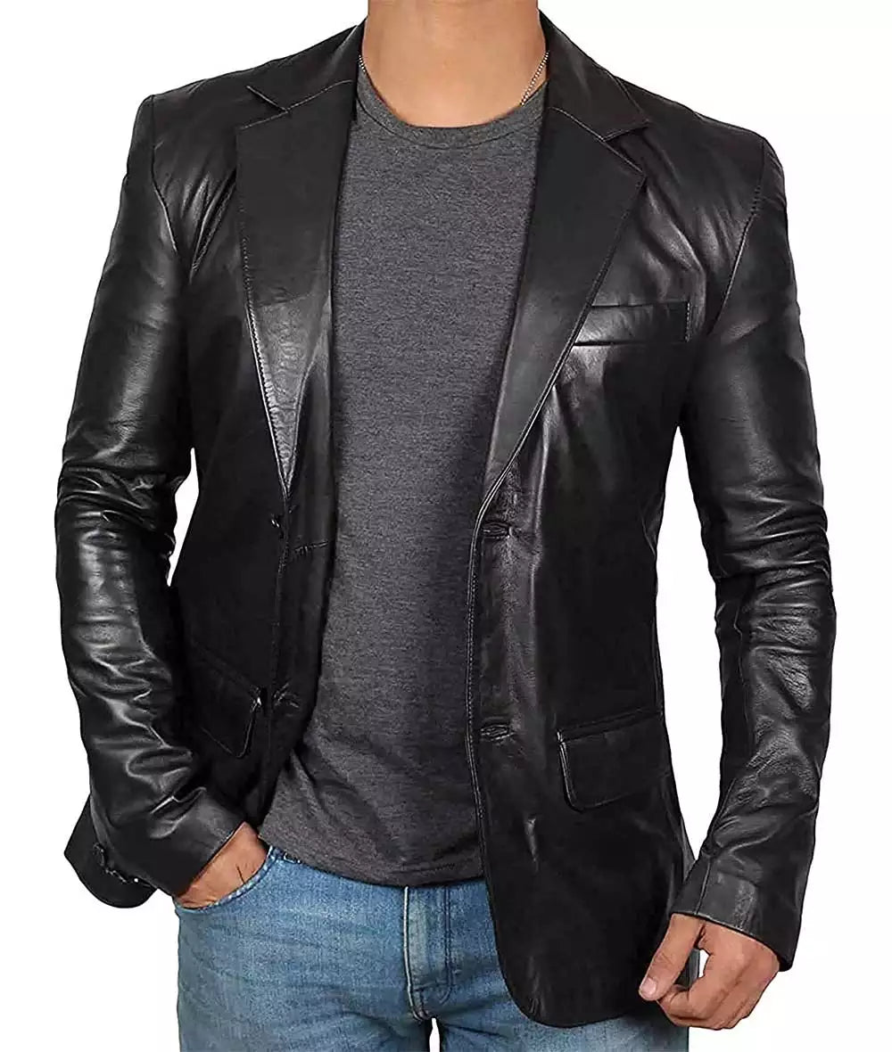 Mens Tall Two Button Black Leather Blazer