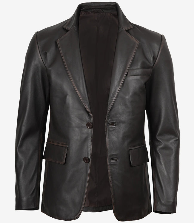 Mens Two Button Notch Lapel Ruboff Brown Leather Blazer Jacket 