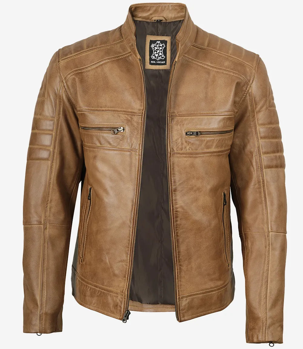 Veste en cuir marron camel style motard pour homme
