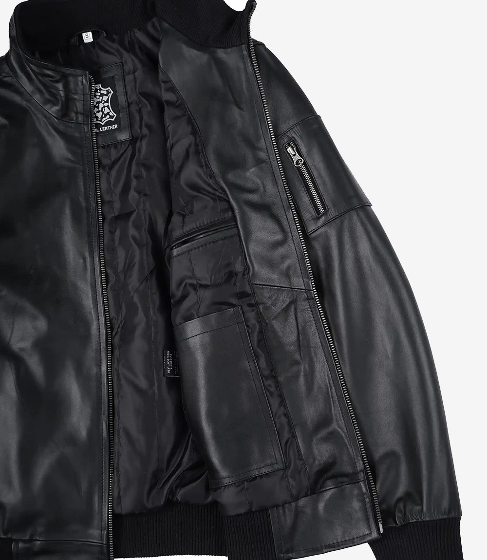 Blouson aviateur en cuir de vache noir pour homme
