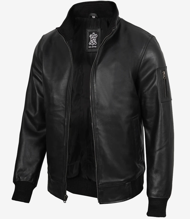 Blouson aviateur en cuir de vache noir pour homme