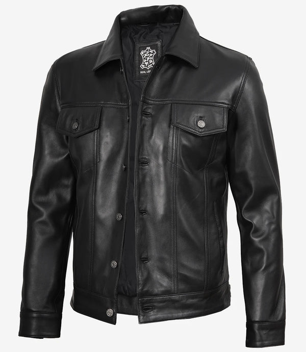 Veste de camionneur en cuir noir à quatre poches pour homme