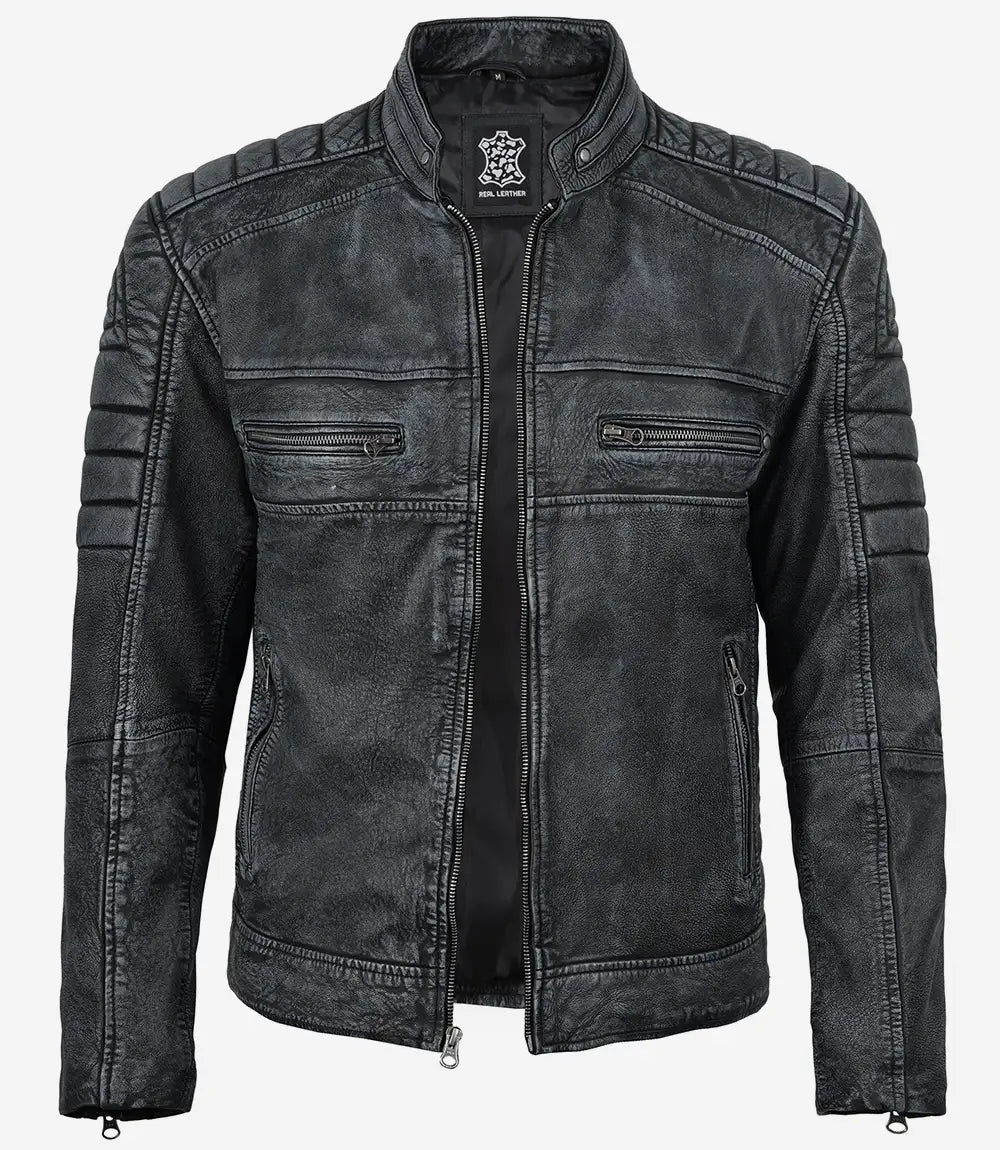 Veste de motard noire en cuir d'agneau véritable pour homme 
