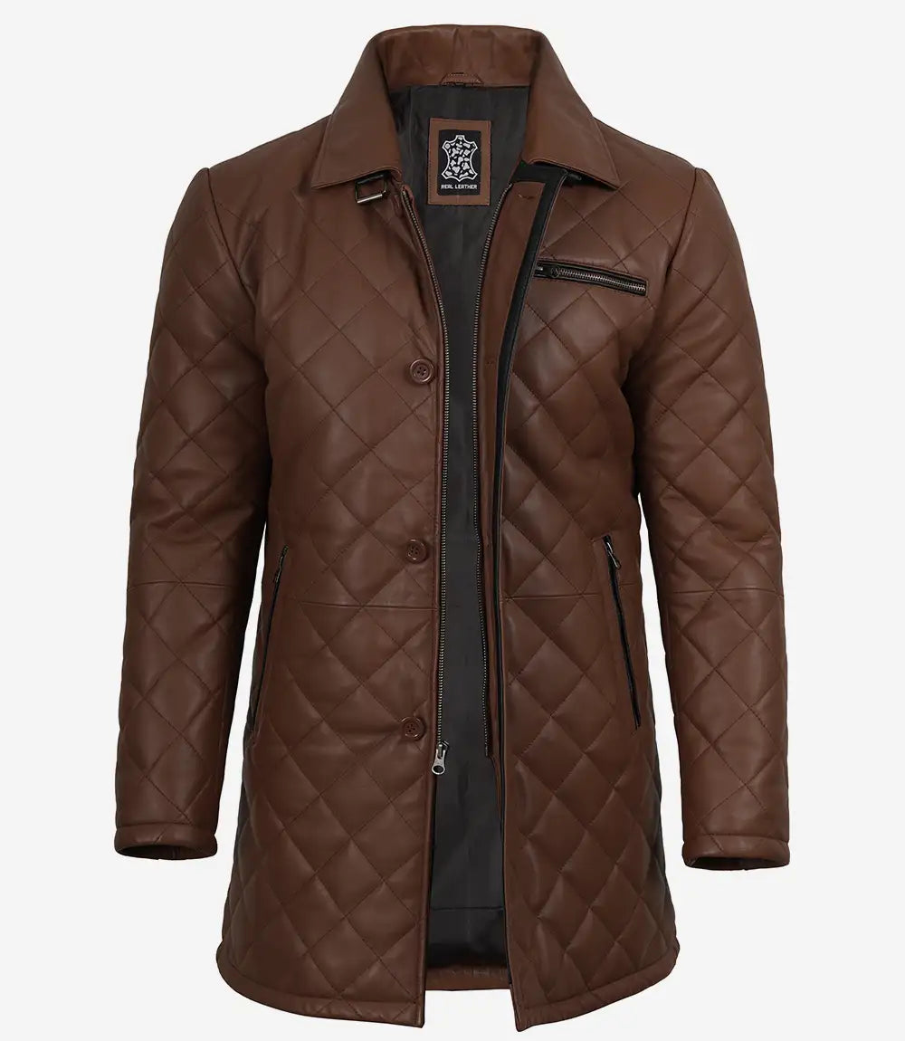 Men's Cognac Diamond Quilted Leather Car Coat With Black Detailing