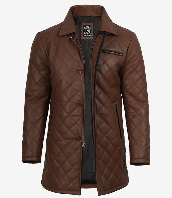 Men's Cognac Diamond Quilted Leather Car Coat With Black Detailing