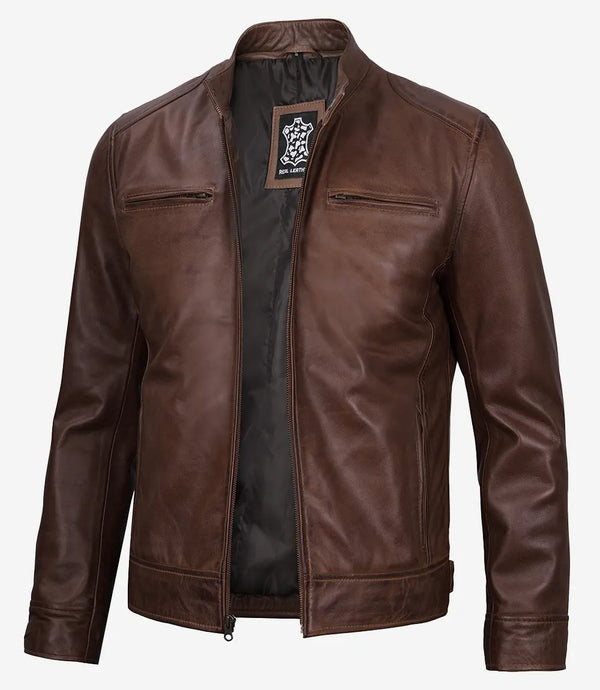 Veste en cuir style motard cognac pour homme