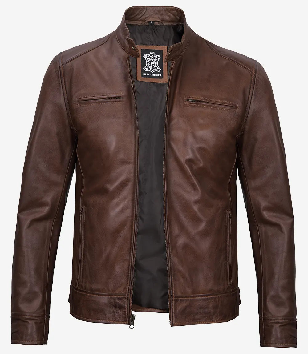 Veste en cuir style motard cognac pour homme