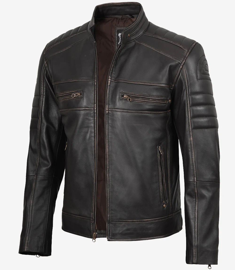Veste motard marron vieillie en cuir véritable pour homme