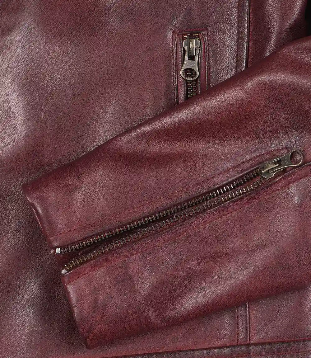 Veste en cuir bordeaux style motard pour homme