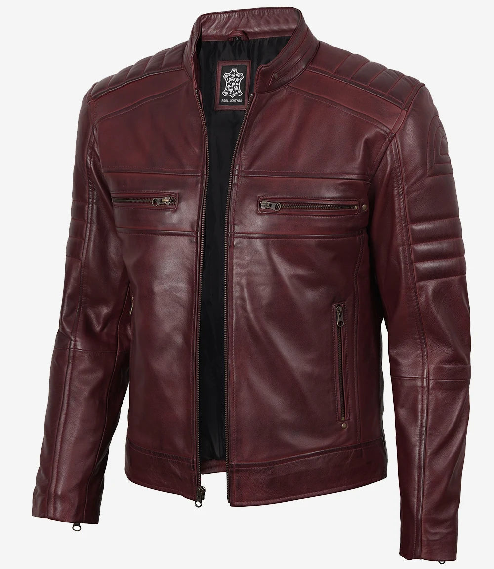 Veste en cuir bordeaux style motard pour homme