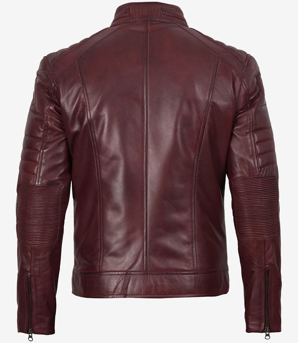 Veste en cuir bordeaux style motard pour homme