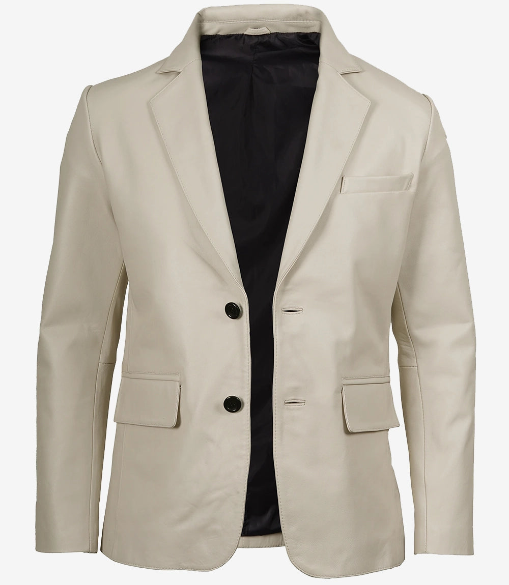 Blazer en cuir blanc cassé à deux boutons avec revers crantés pour homme