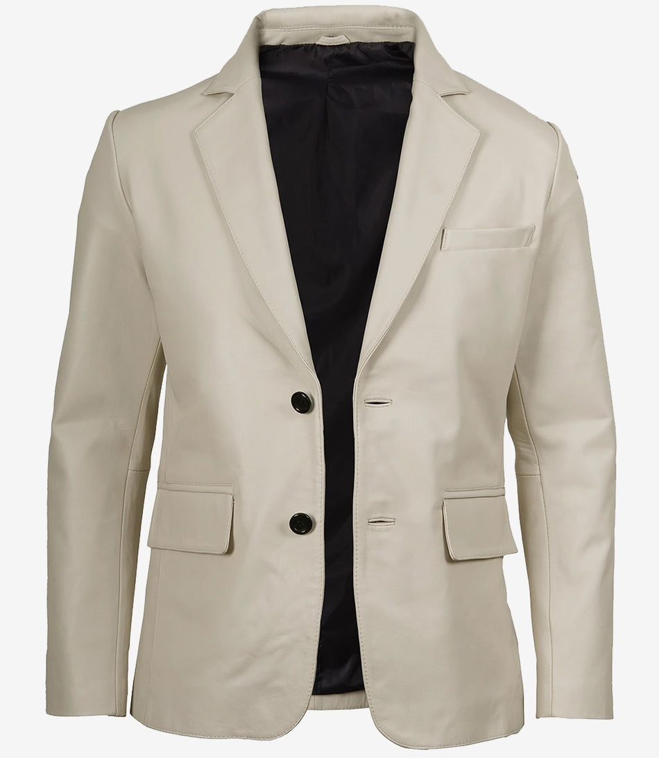 Blazer en cuir blanc cassé à deux boutons et revers crantés pour homme