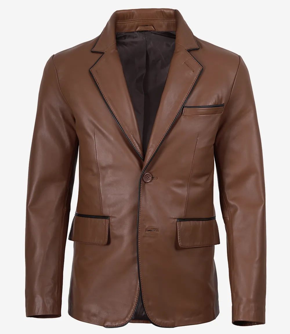 Men's 2 Button Cognac Leather Blazer - Black Piping Details