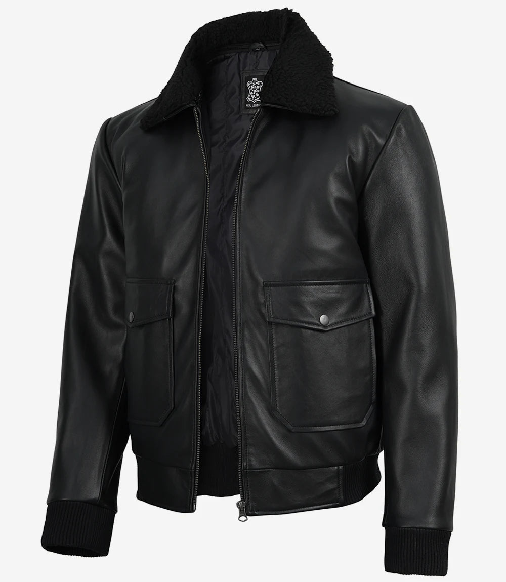 Men's Black Leather Aviator Jacket with Detachable Faux Shearling Collar